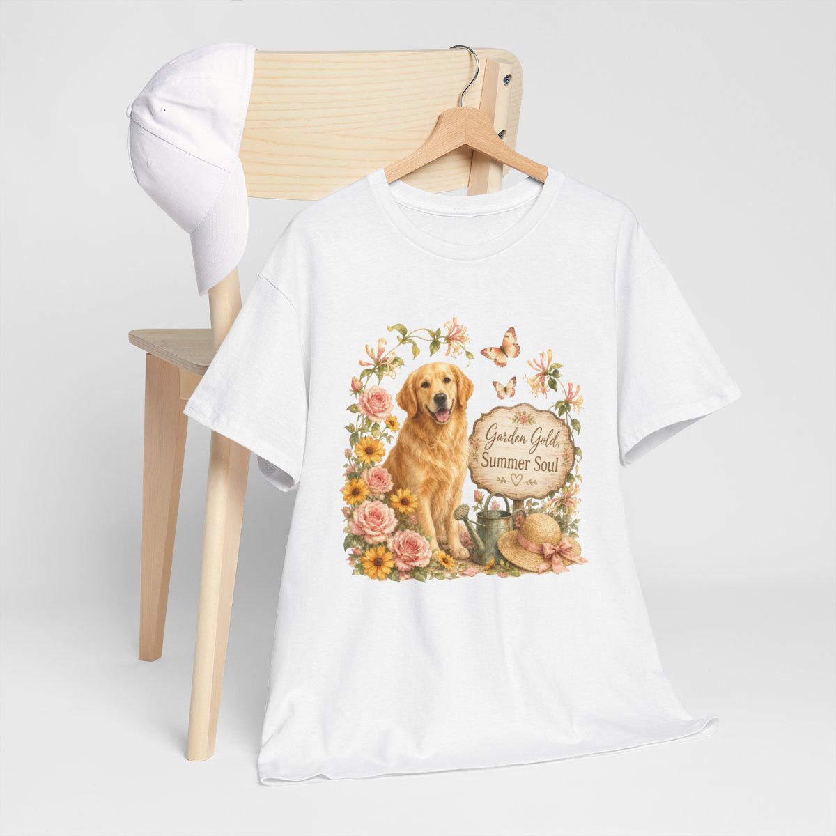 Garden Gold Summer Soul T-Shirt, Golden Retriever Garden Shirt, Golden Mom Gift, Watercolor Rose Sunflower Dog Tee, Cottagecore Gift