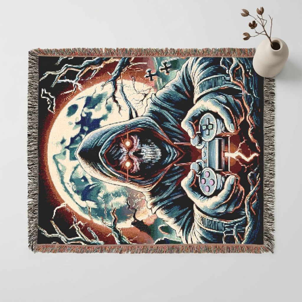 Gamer Grim Reaper blanket | woven throw, skull with game controller, moonlit gothic decor