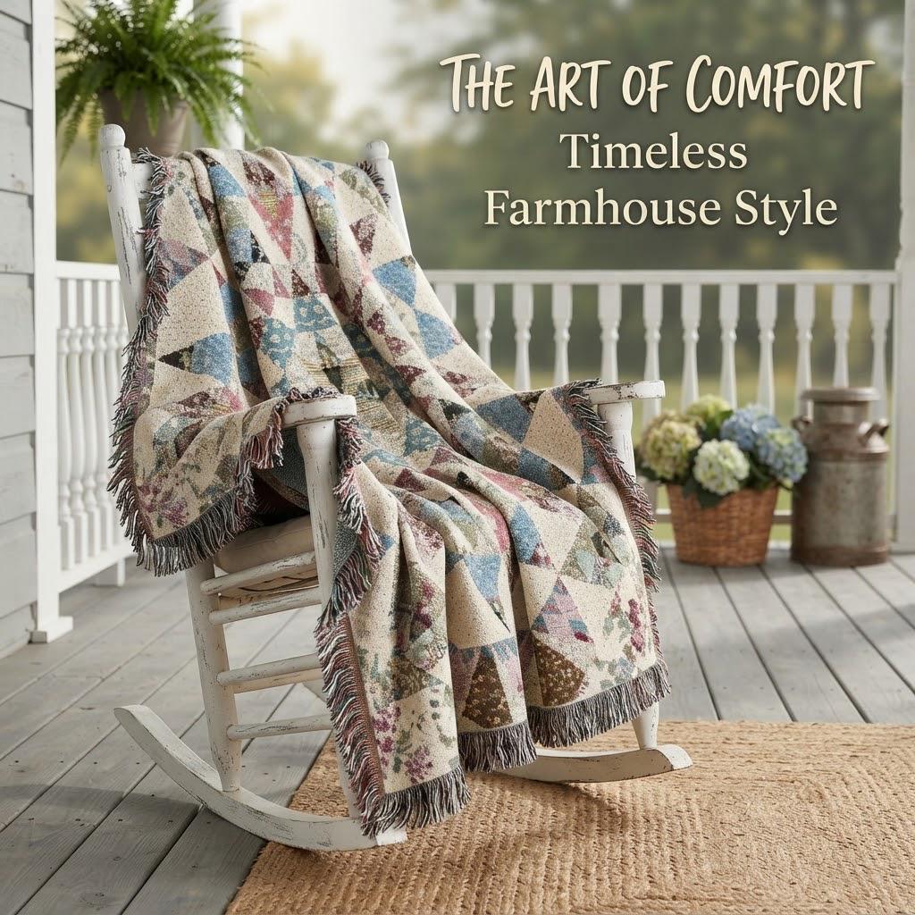 Farmhouse Patchwork Star Woven Throw Blanket, 100% Cotton Heirloom Quilt Pattern, Cottage-Core Living Room Decor, Cozy Bedding, Gift for Her