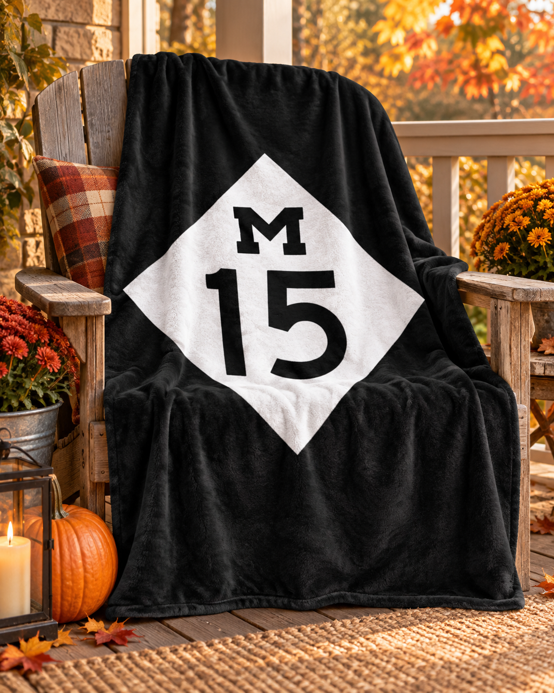 Michigan M-15 Blanket, Highway Route Sign Throw, Black and White Road Trip Gift, Velveteen Plush Blanket, Michigan Decor