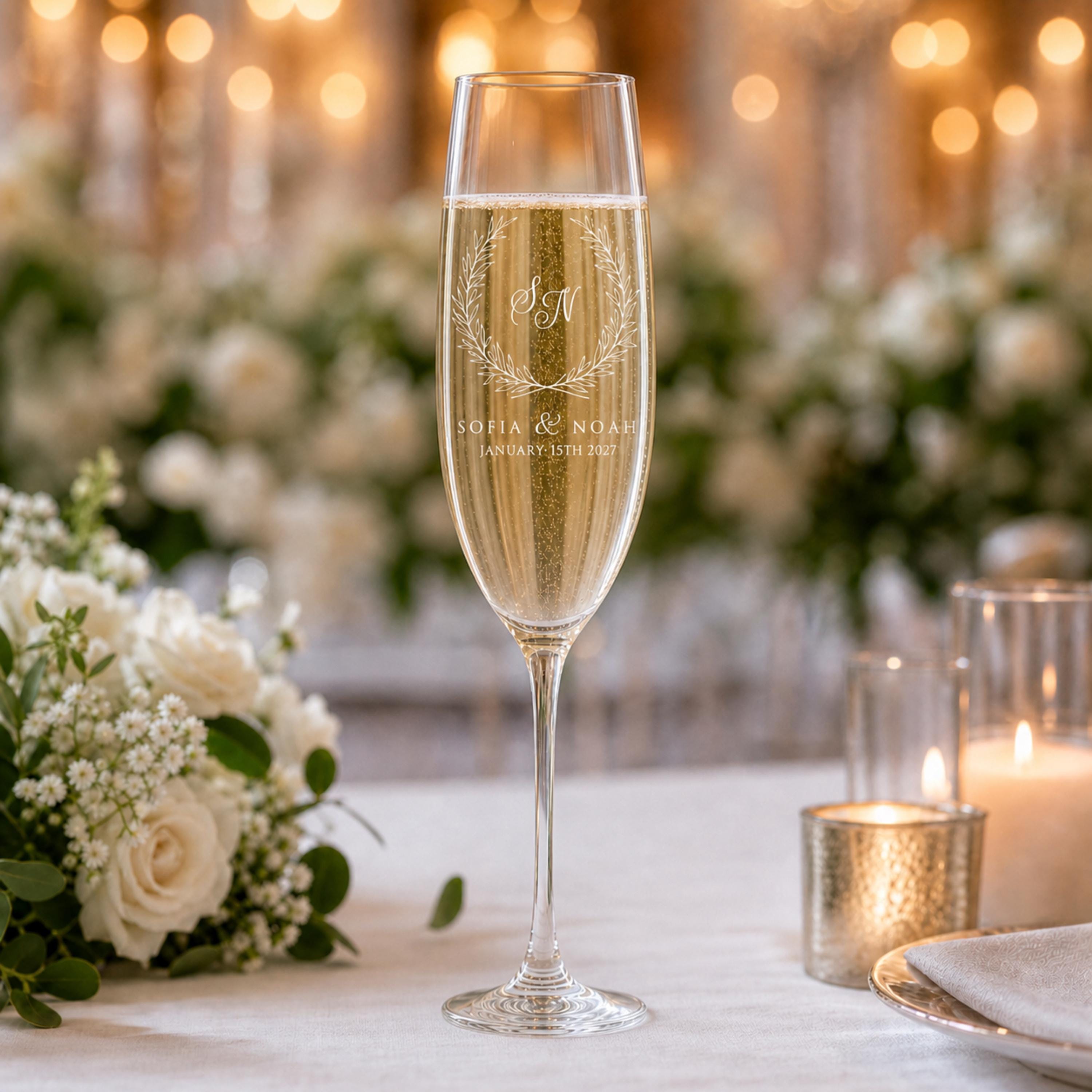 Laurel | Personalized Champagne Flute Set | Engraved Wedding Toasting Glasses
