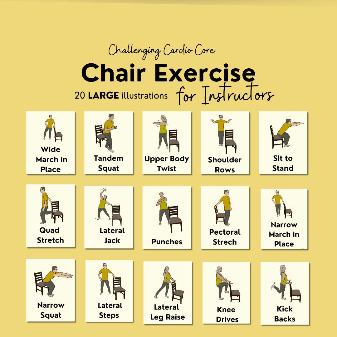 chair exercise visuals for senior, exercise cue cards for fitness instructor, fitness illustration PDFs for personal trainer, group exercise