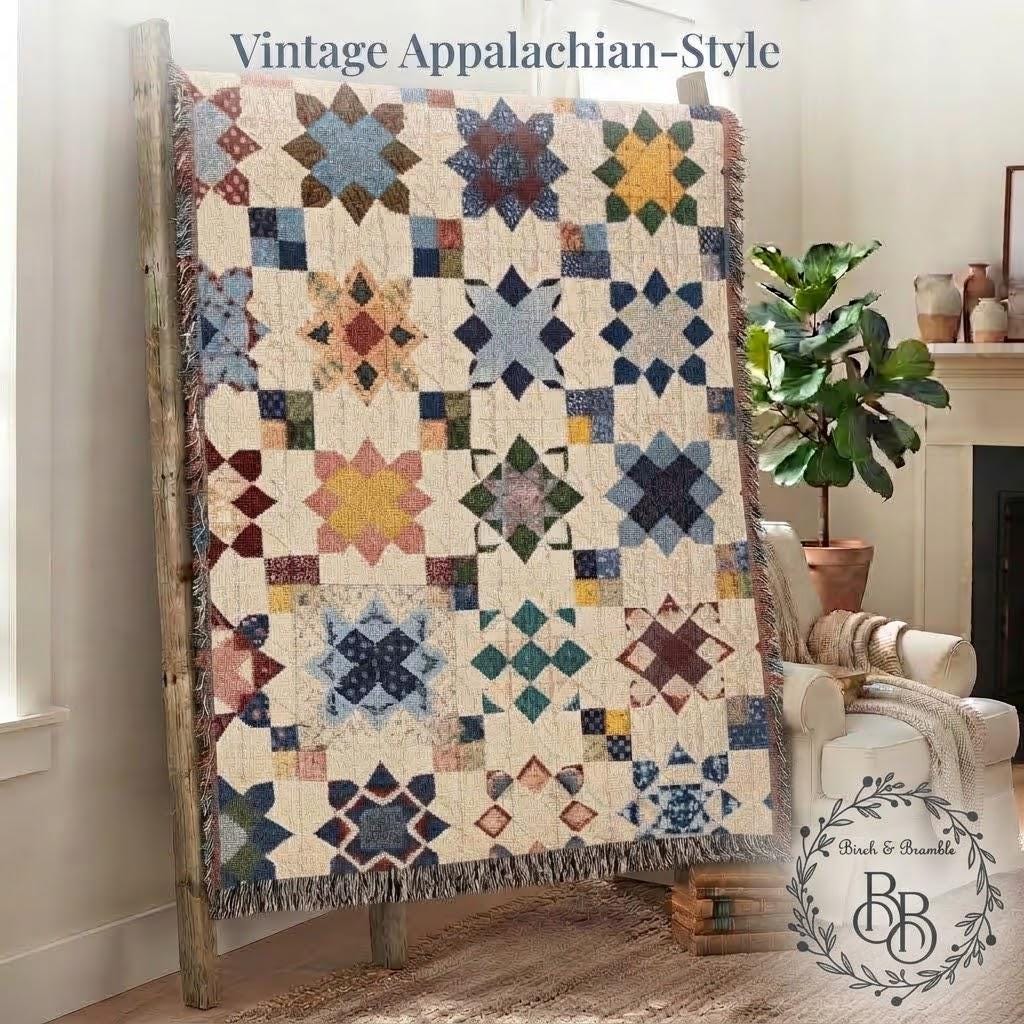Farmhouse Patchwork Star Inspired Blanket, Woven Cotton Heirloom Throw, Cottagecore Heirloom Decor, Housewarminggift, Christmasblanket