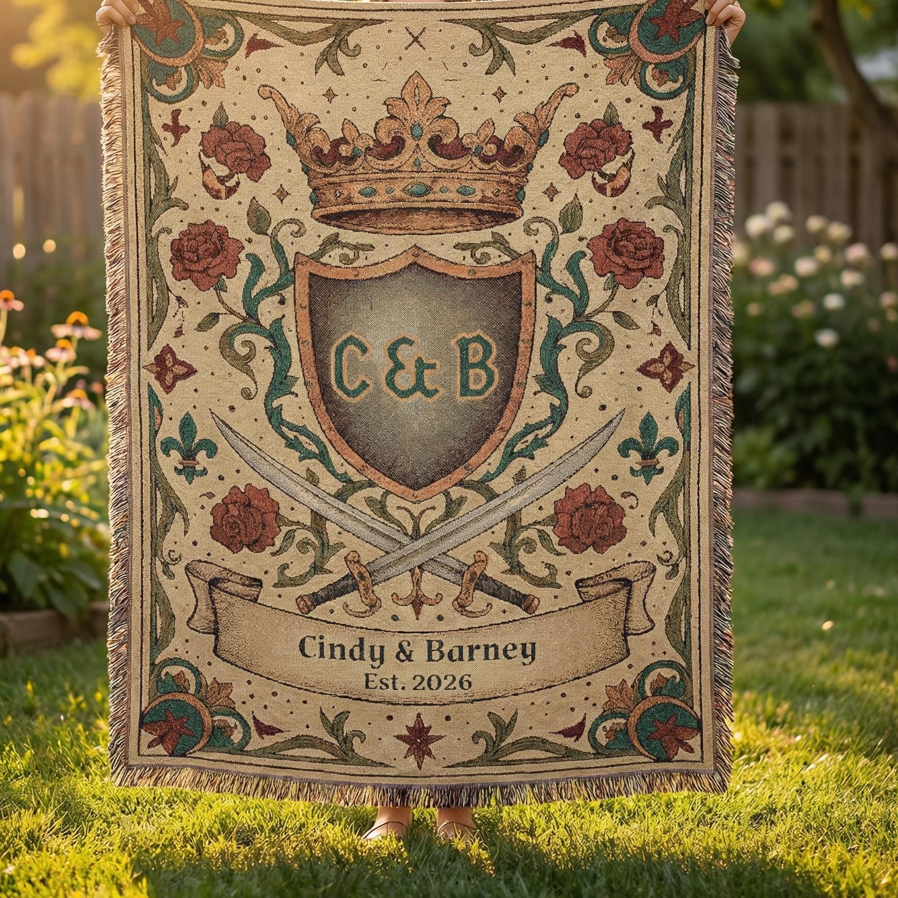 Personalized Crest Woven Blanket, Medieval Heraldry Coat of Arms Custom Tapestry Throw, Gothic Roses Crown Swords, Anniversary Gift