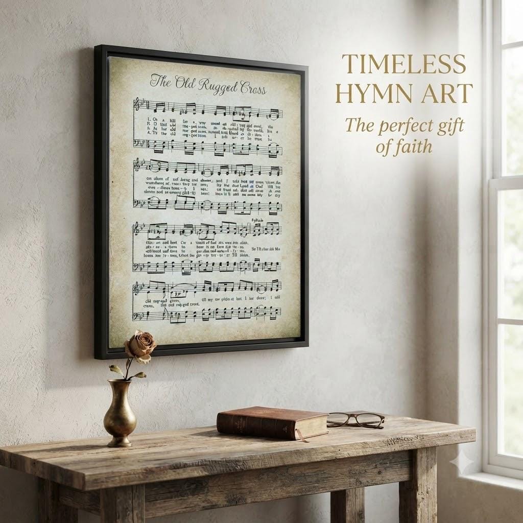 Vintage The Old Rugged Cross Hymn Sign, Framed Canvas Wall Art, Christian Home Decor, Rustic Farmhouse Hymn Lyric Print
