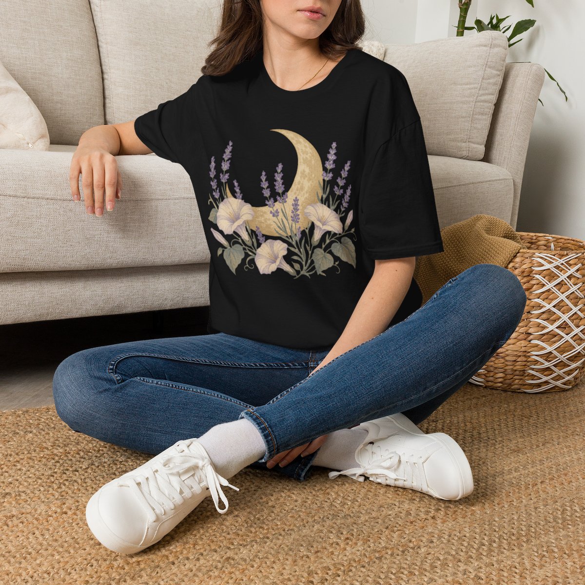 Moon & Lavender Floral T-Shirt — Crescent Moon with Lavender and Hibiscus Design