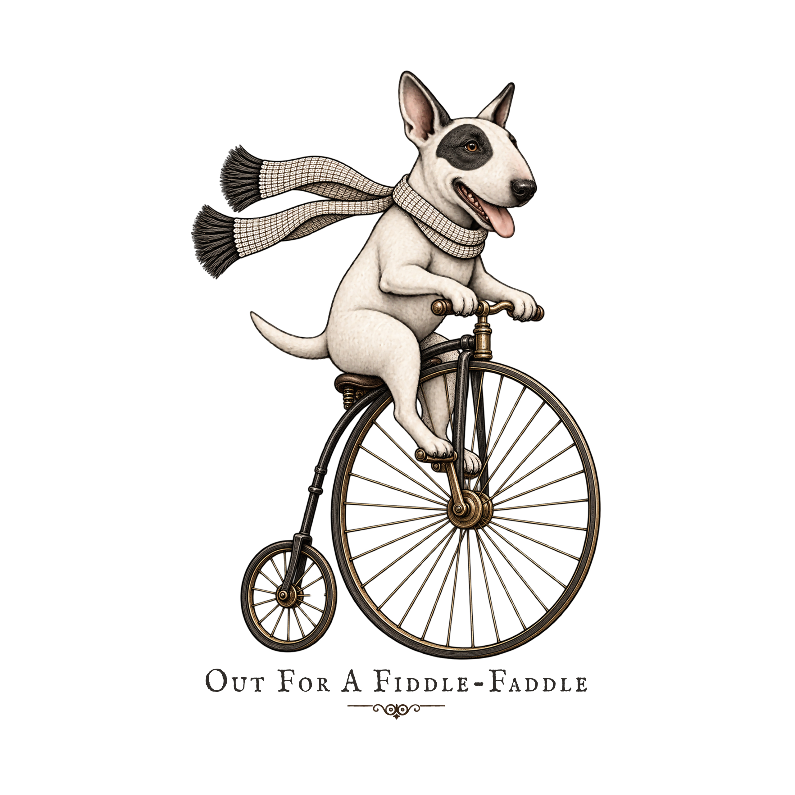 English Bull Terrier Clipart PNG, Vintage Penny-Farthing Bicycle, Storybook Dog, Retro Art