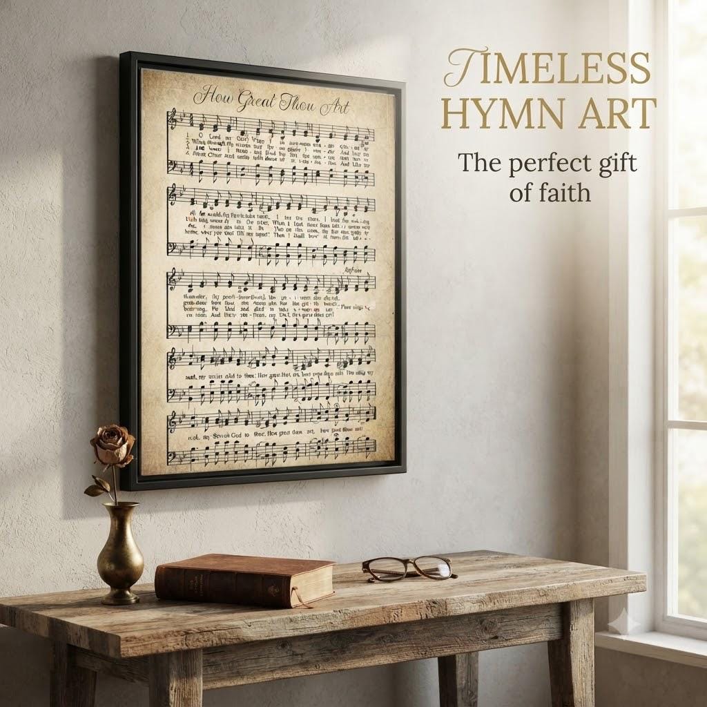 Vintage How Great Thou Art Hymn Sign, Framed Canvas Wall Art, Christian Home Decor, Rustic Farmhouse Hymn Lyric Print