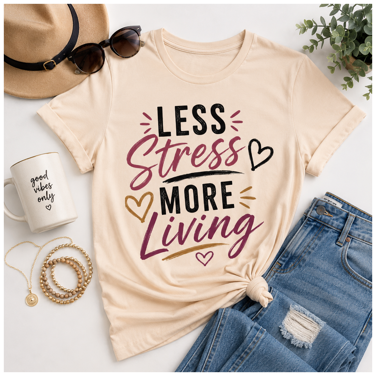 Less Stress More Living T-Shirt — Inspirational Graphic Tee