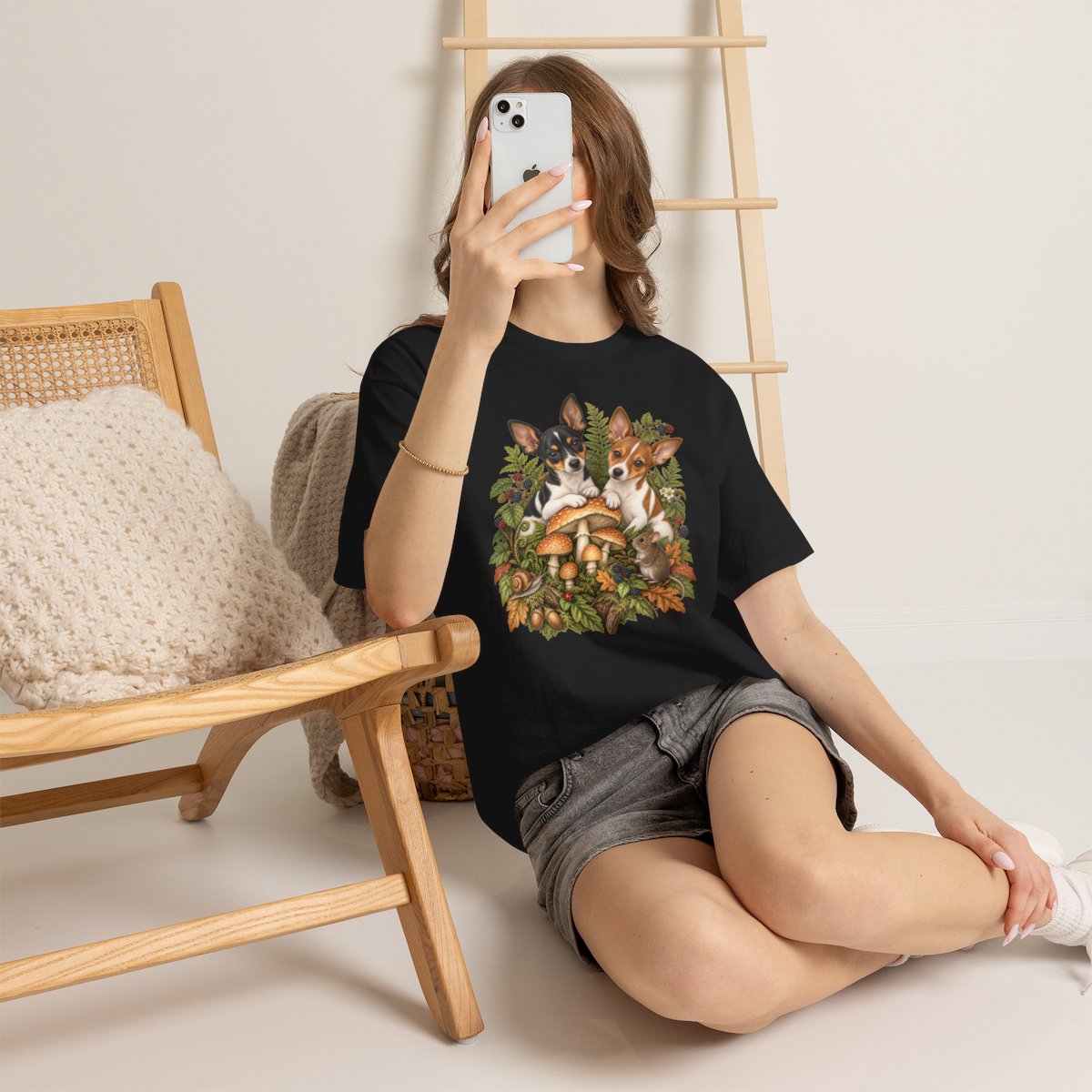 Rat Terrier Puppies Mushroom Shirt, Cozy Fall Woodland Dog T-Shirt, Toadstool Forest Tee, Autumn Gift for Dog Mom, Fairycore Dog Lover Gift