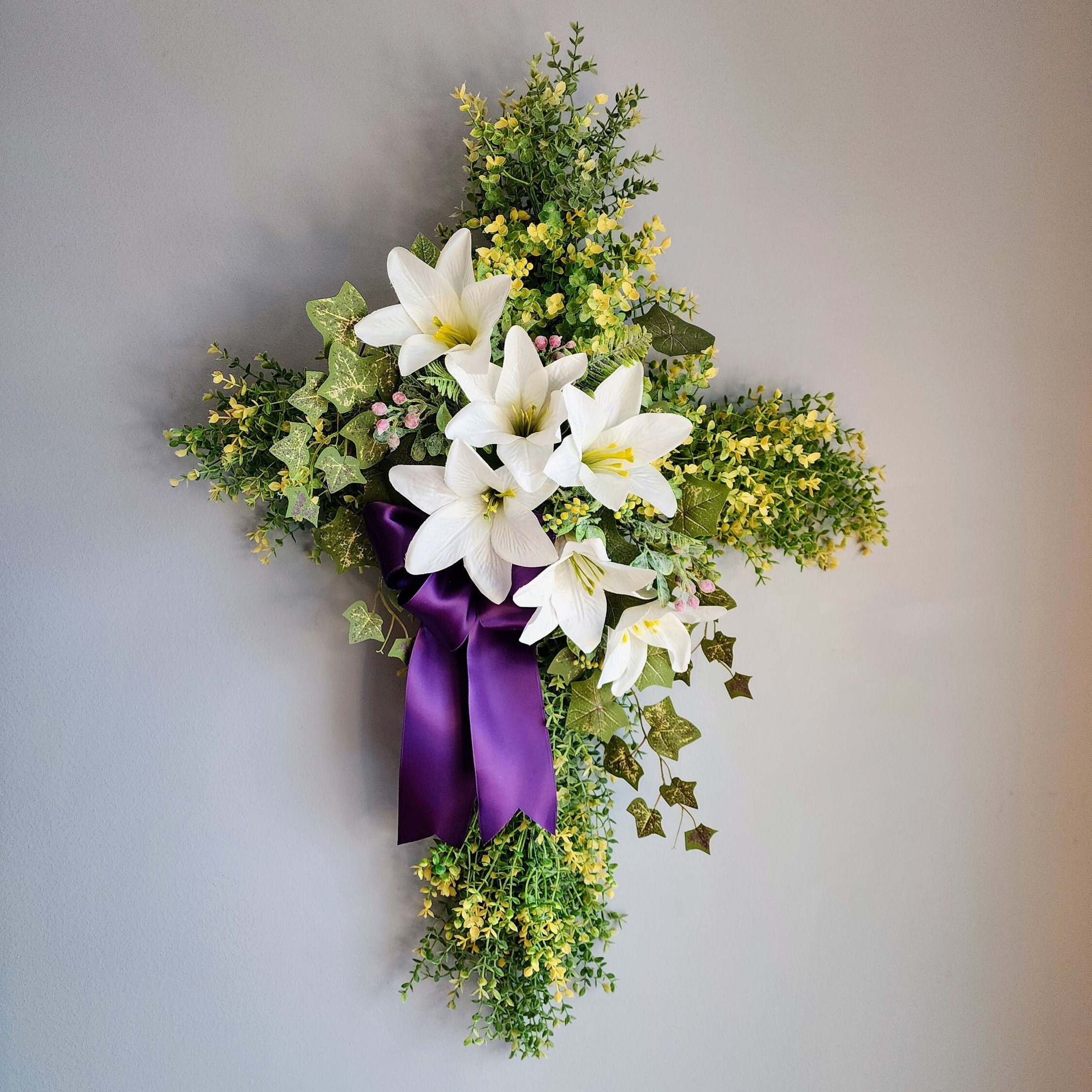 Lily Cross Wreath, Boxwood & Ivy, Religious Door Hanger