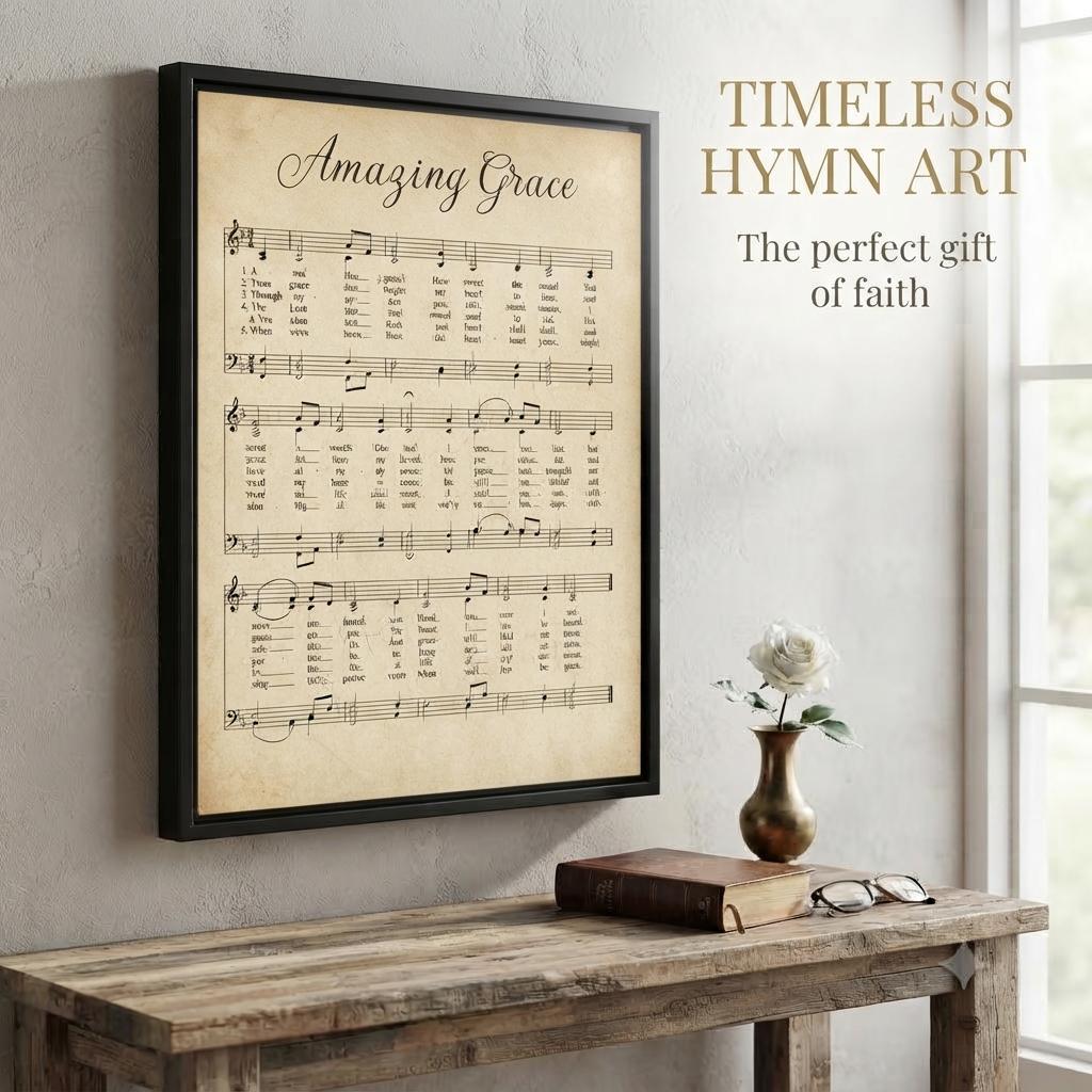 Vintage Amazing Grace Hymn Sign, Framed Canvas Wall Art, Christian Home Decor, Rustic Farmhouse Hymn Lyric Print
