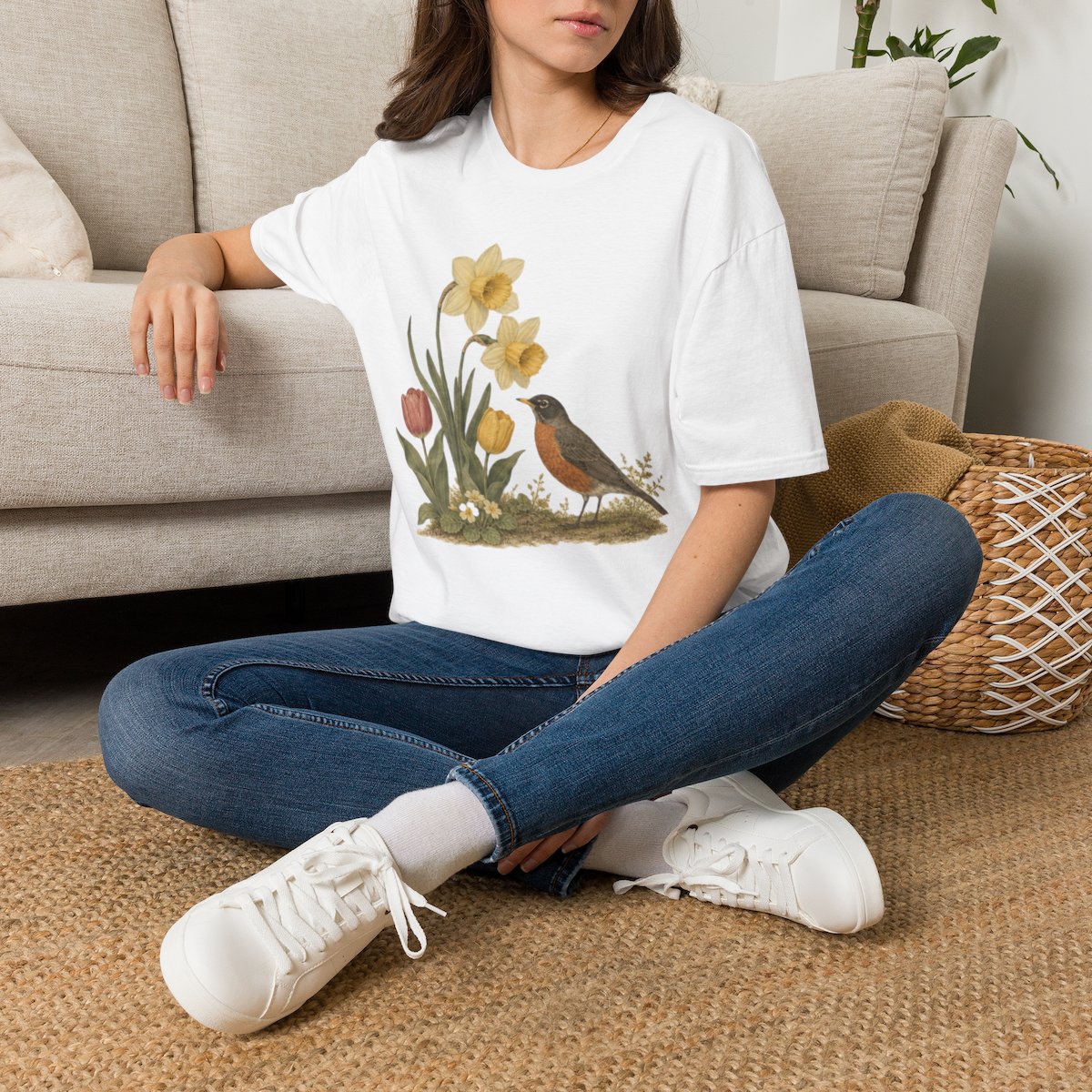 Spring Robin & Daffodils T-Shirt — Vintage Garden Bird Floral Tee
