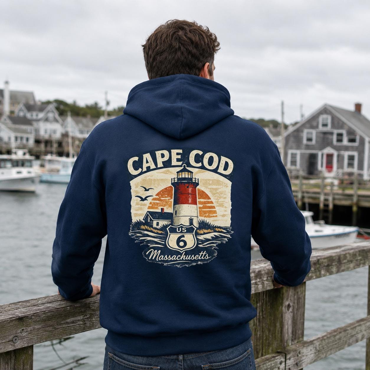 Cape Cod Hoodie, US Route 6 Lighthouse Sweatshirt, Massachusetts Vacation Gift, Vintage Coastal Road Trip Pullover
