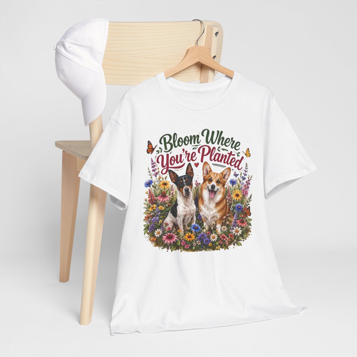 Bloom Where You're Planted T-Shirt, Corgi and Rat Terrier Wildflower Shirt, Inspirational Dog Lover Tee, Corgi Mom Gift, Butterfly Flower Gift