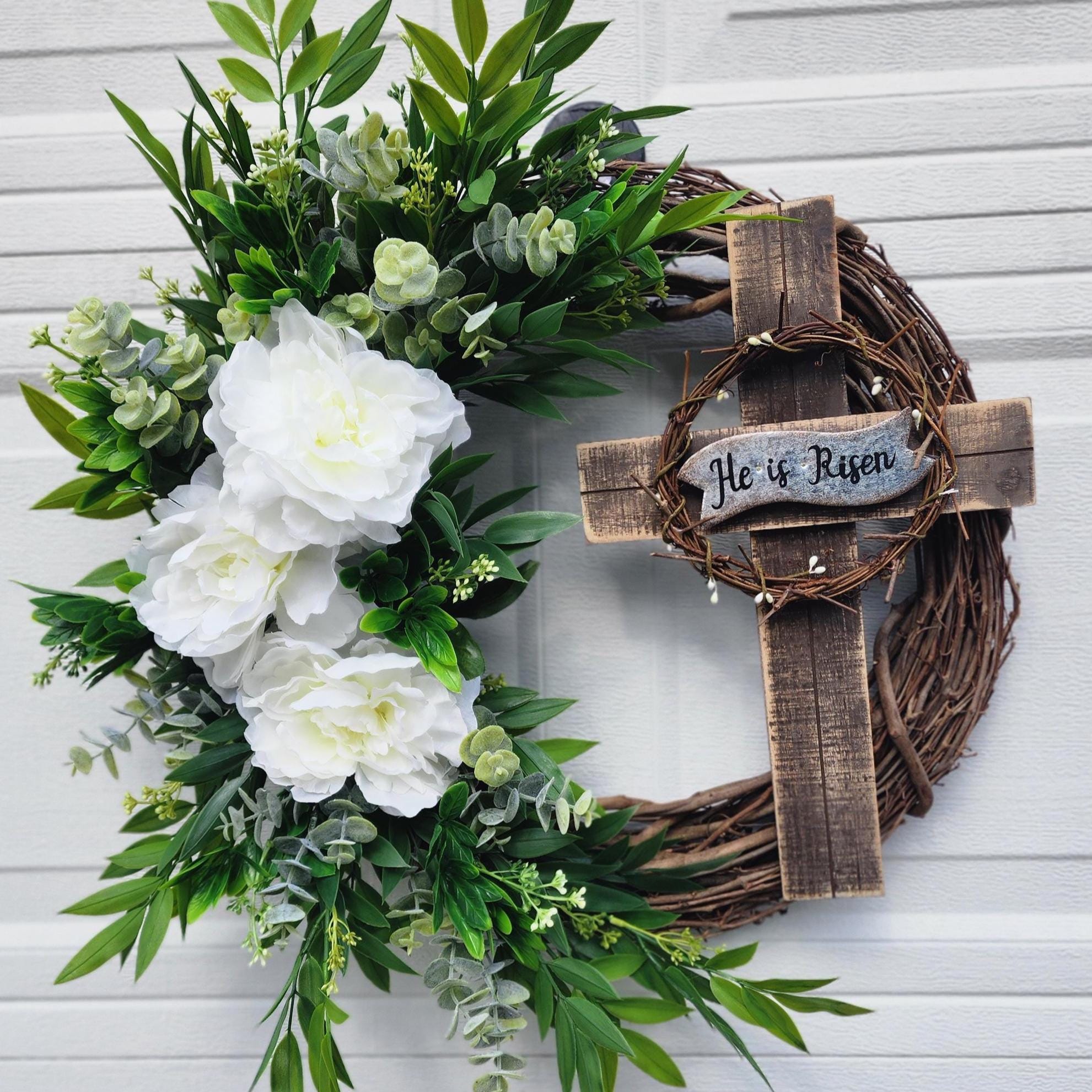 He is Risen Wreath White Peony Cross Farmhouse Easter Decor