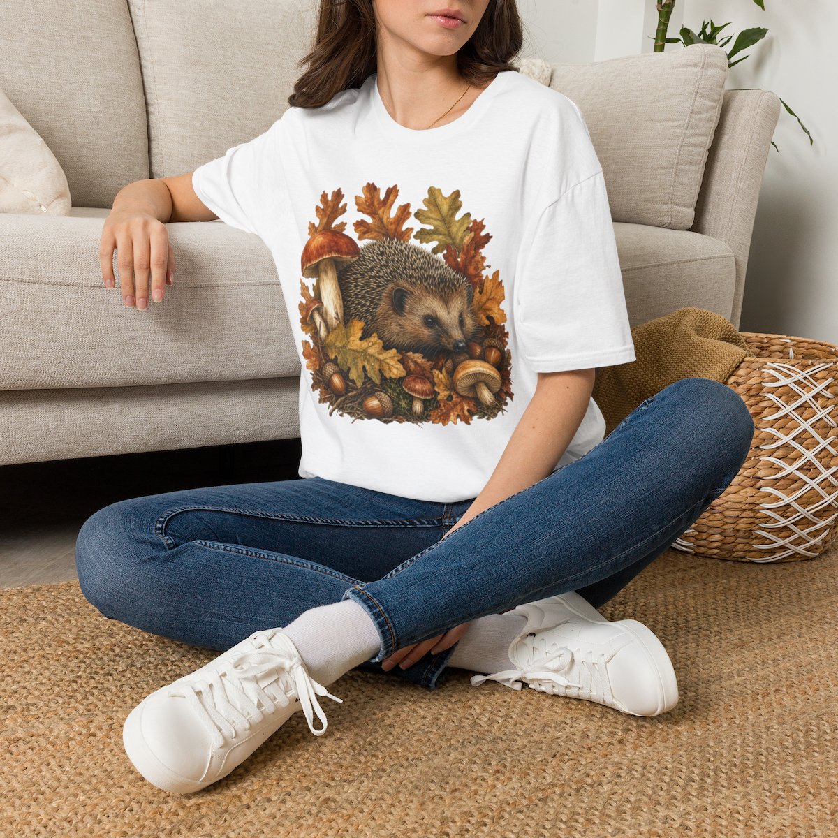 Hedgehog Autumn T‑Shirt — Fall Leaves & Mushroom Wildlife Tee