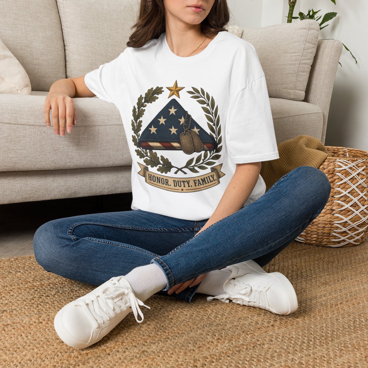 Honoring Service  Family T-Shirt — Folded Flag, Dog Tags & "Honor. Duty. Family." Emblem