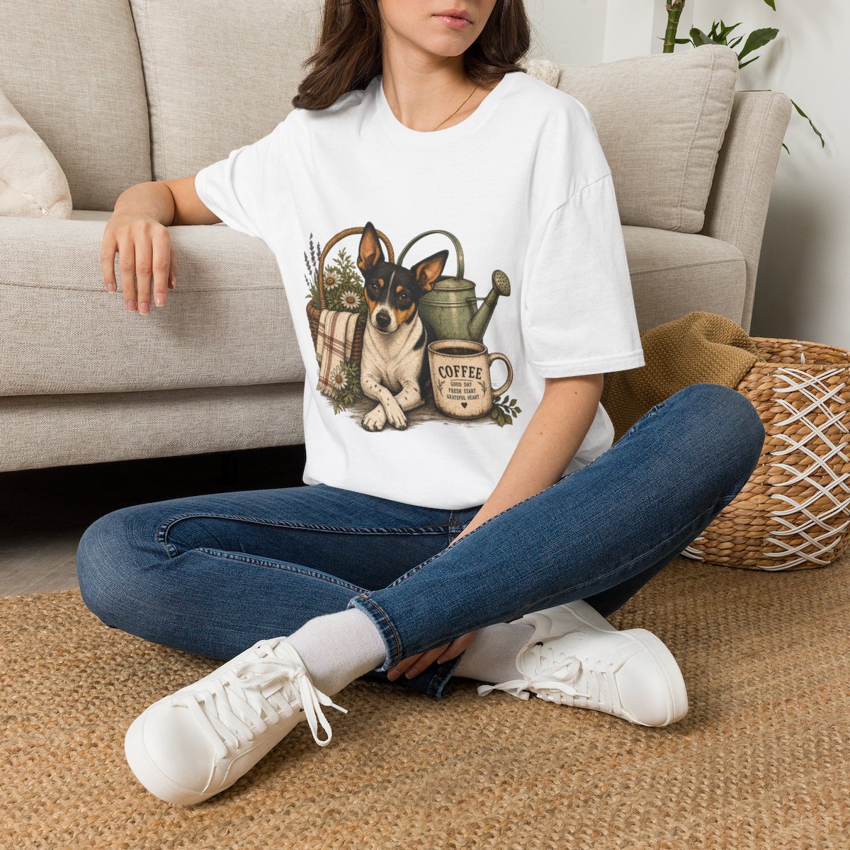 T-Shirt — Farmhouse Dog Garden Graphic (Coffee Jar, Watering Can)