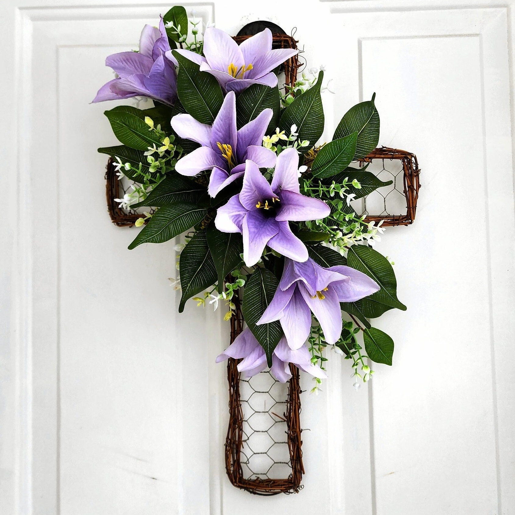 Lily Cross Wreath, Rustic Farmhouse Christian Decor, Easter Door Hanger