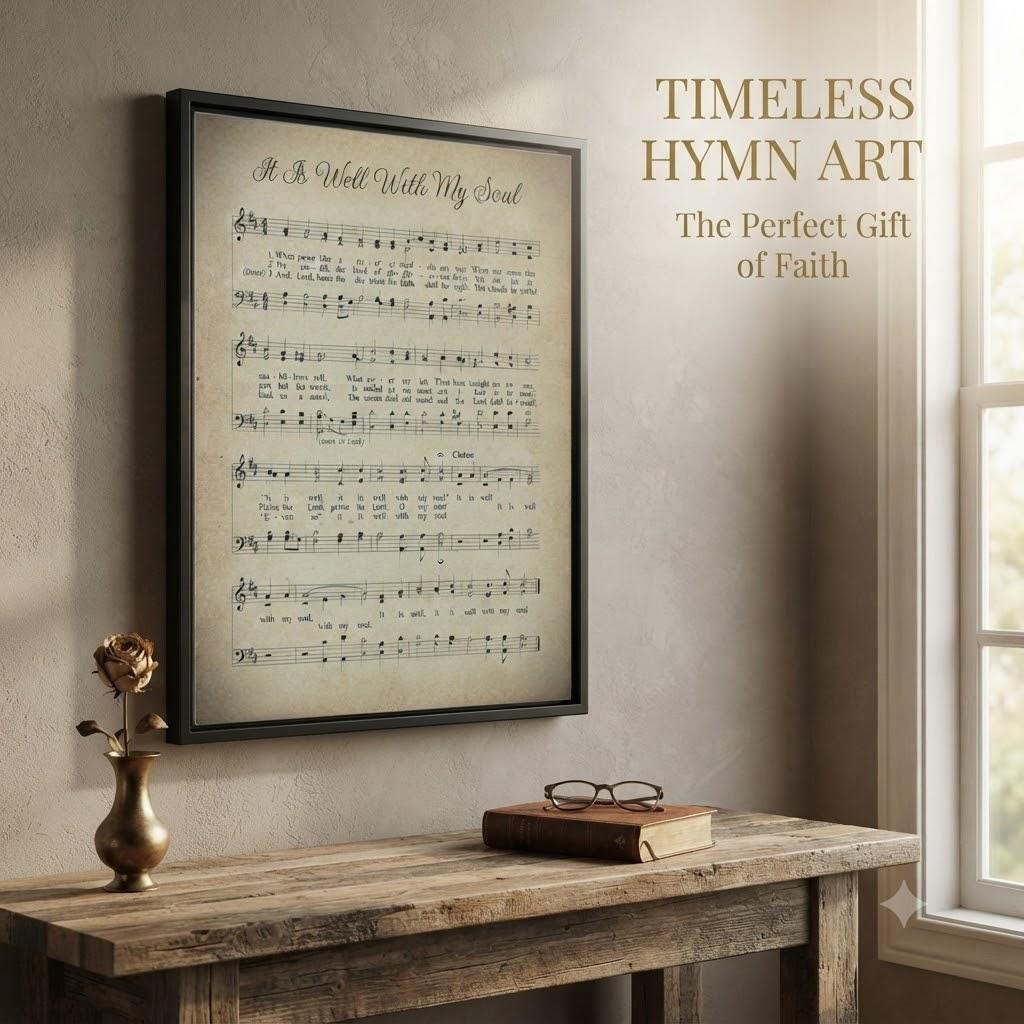 Vintage It Is Well With My Soul Hymn Sign, Framed Canvas Wall Art, Christian Home Decor, Rustic Farmhouse Hymn Lyric Print