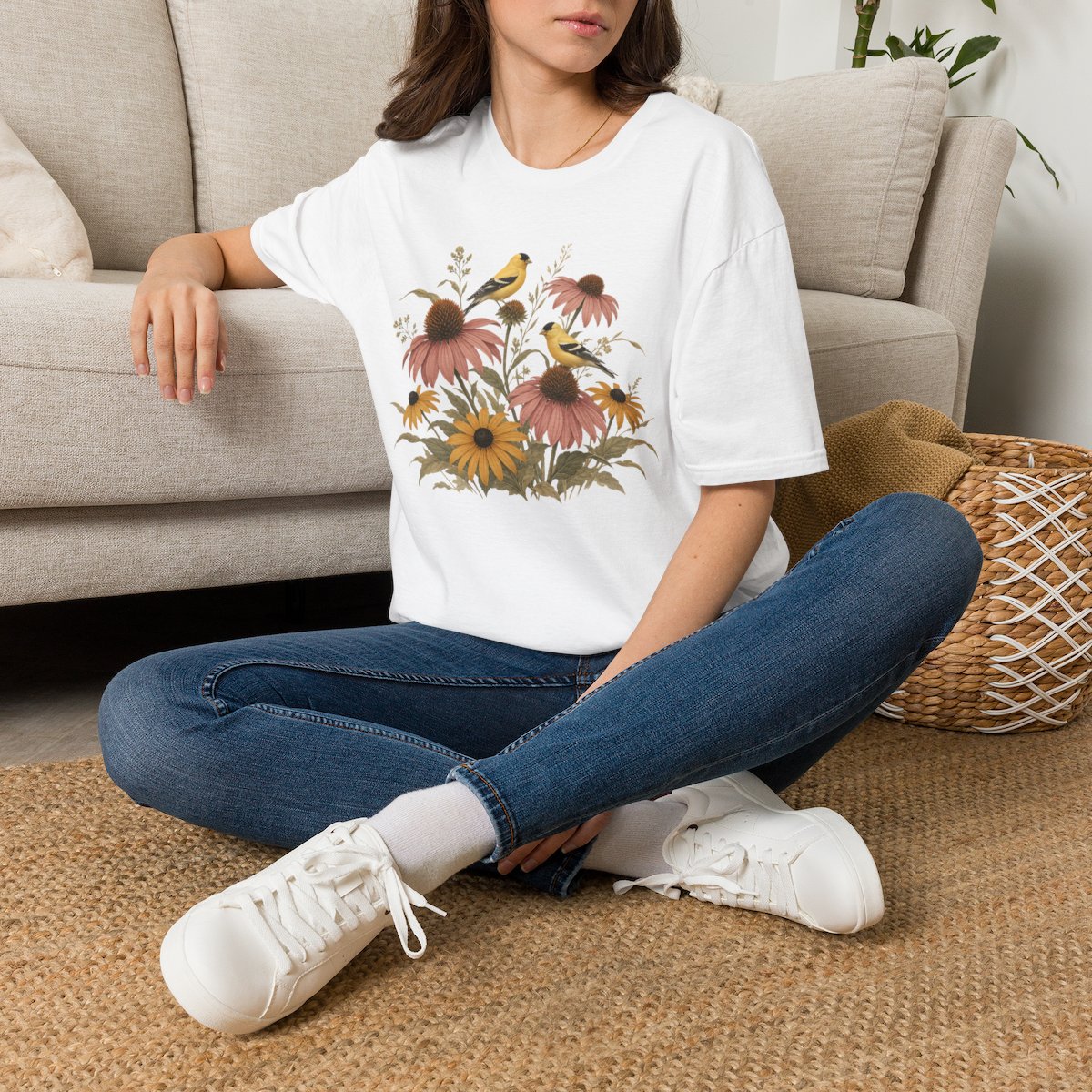Floral Goldfinch Tee — Vintage Botanical Bird T-Shirt