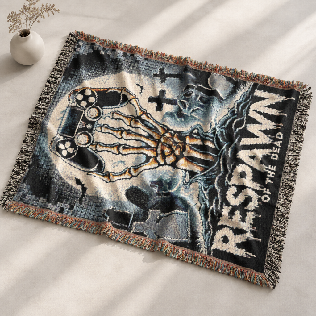 Gothic Gamer Woven Blanket: Dark Cottagecore Decor, Skeleton Hand
